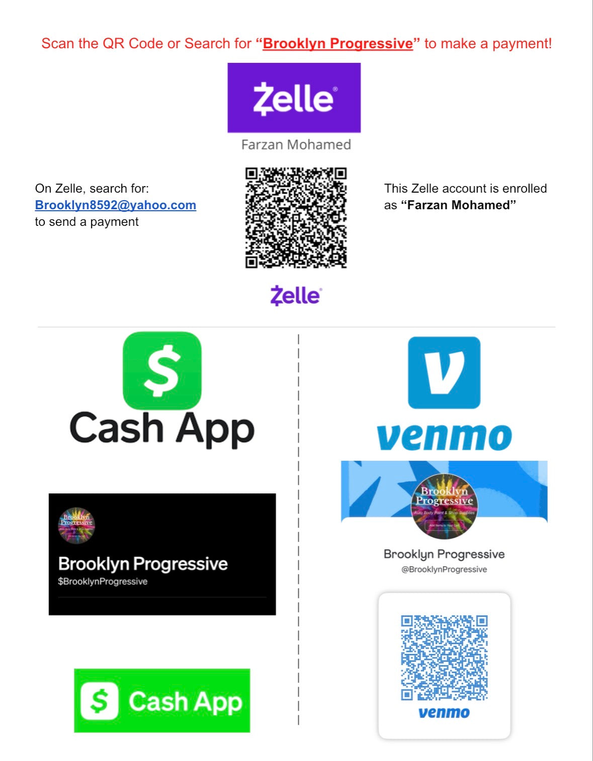 Payment Options - Zelle, Venmo, Cashapp